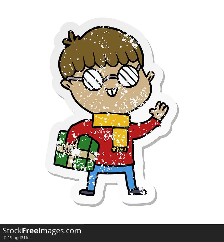 distressed sticker of a cartoon boy wearing spectacles