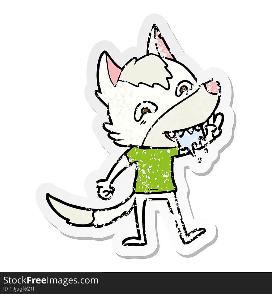 distressed sticker of a cartoon hungry wolf