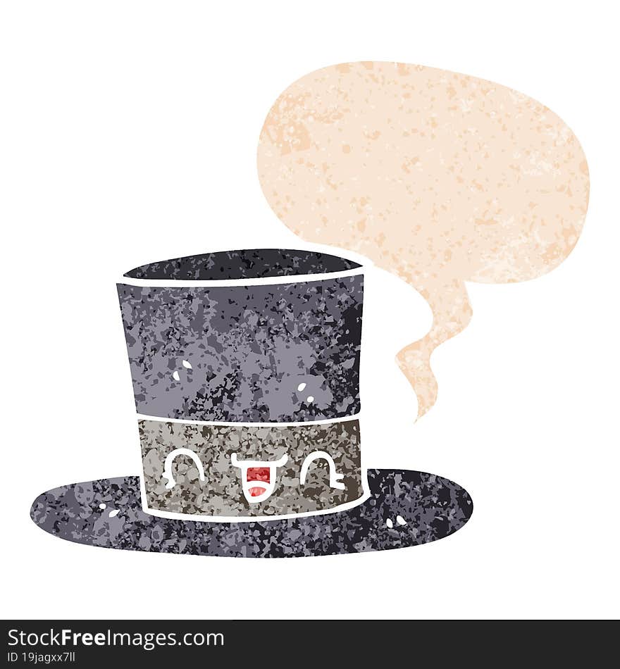 cartoon top hat and speech bubble in retro textured style