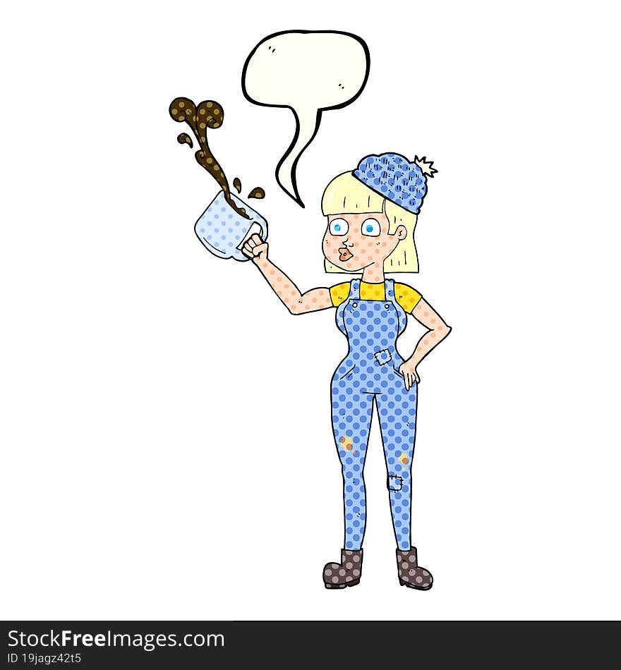 Comic Book Speech Bubble Cartoon Female Worker With Coffee Mug