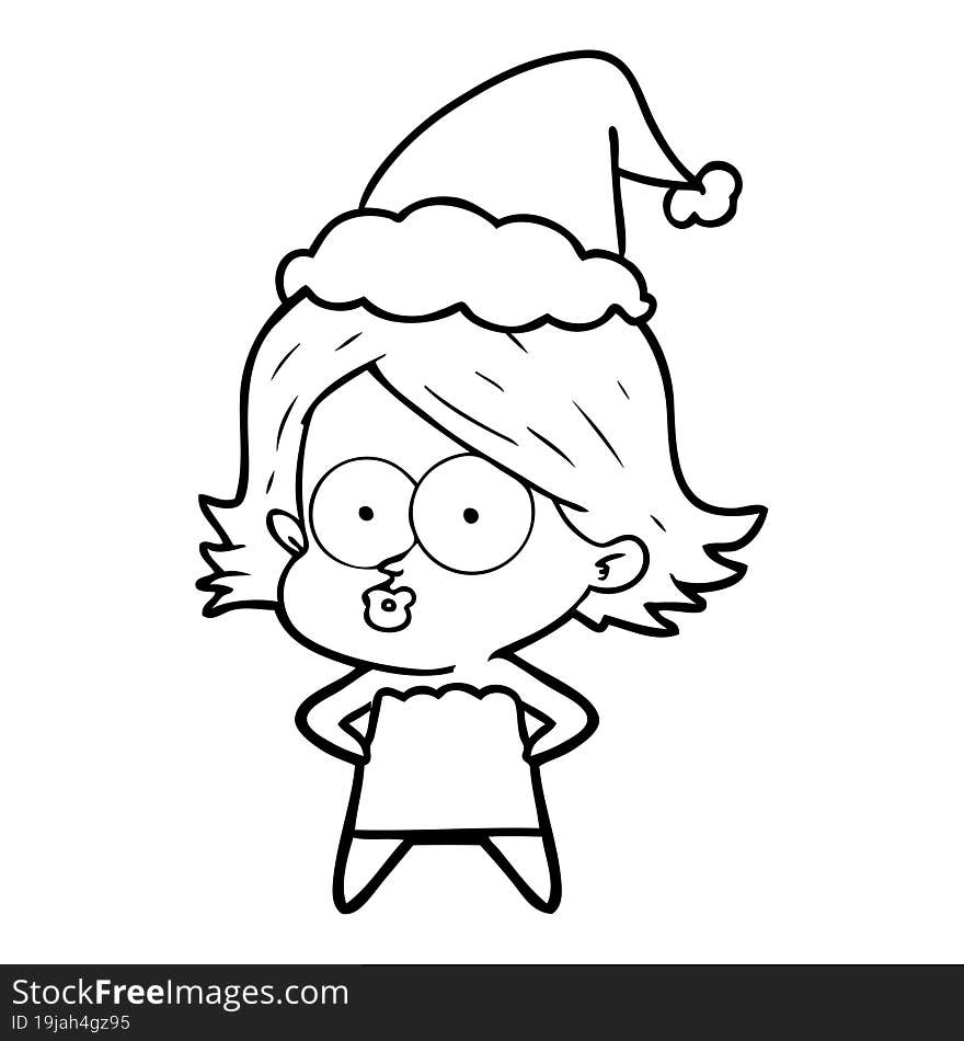 hand drawn line drawing of a girl pouting wearing santa hat