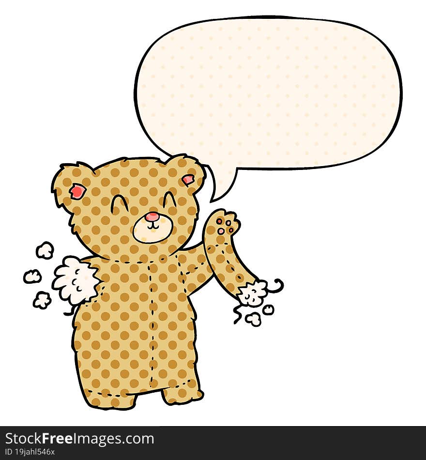 Cartoon Teddy Bear And Torn Arm And Speech Bubble In Comic Book Style