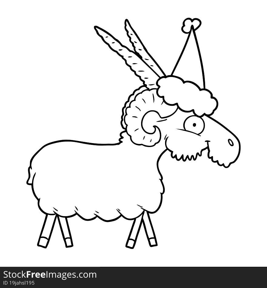 hand drawn line drawing of a goat wearing santa hat