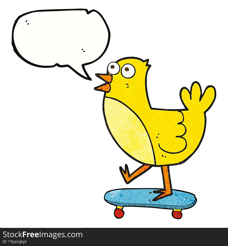 speech bubble textured cartoon bird on skateboard