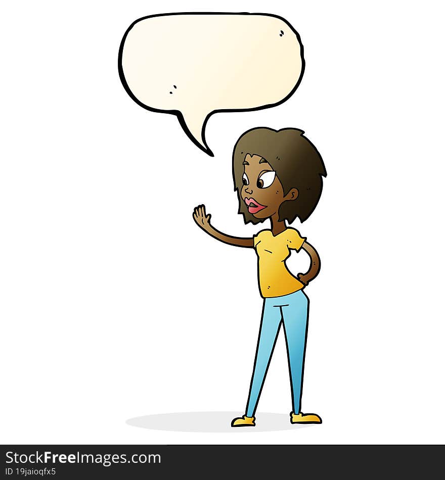 cartoon woman waving with speech bubble