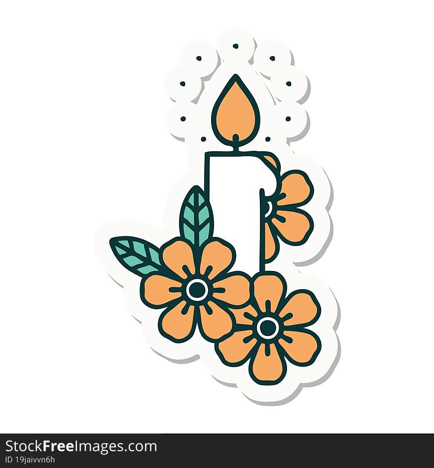 tattoo style sticker of a candle and flowers