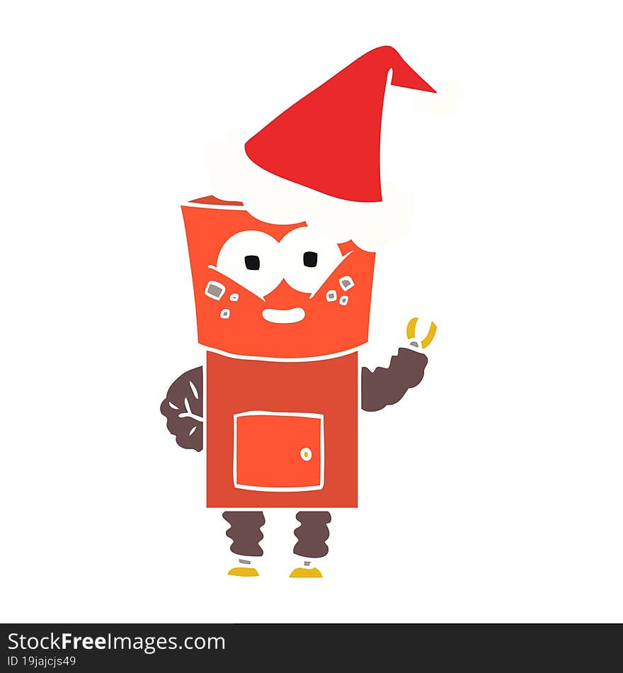 happy flat color illustration of a robot waving hello wearing santa hat