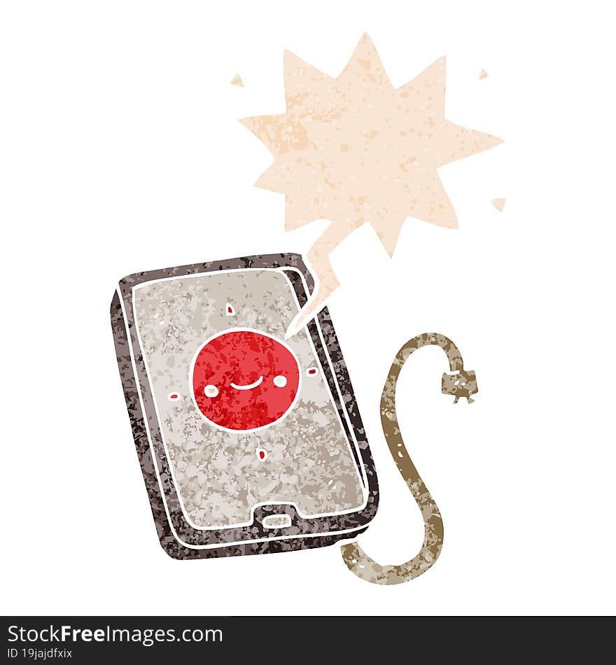 cartoon mobile phone device with speech bubble in grunge distressed retro textured style. cartoon mobile phone device with speech bubble in grunge distressed retro textured style