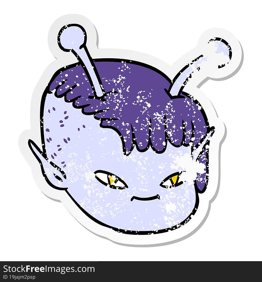 Distressed Sticker Of A Cartoon Alien Space Girl Face