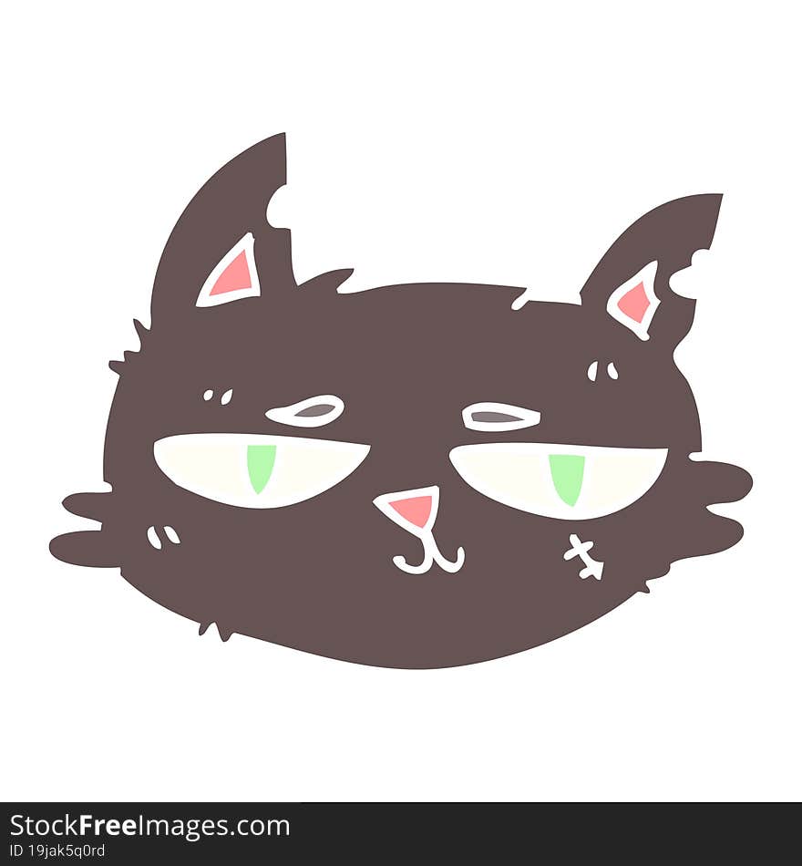 flat color illustration cartoon tough cat face