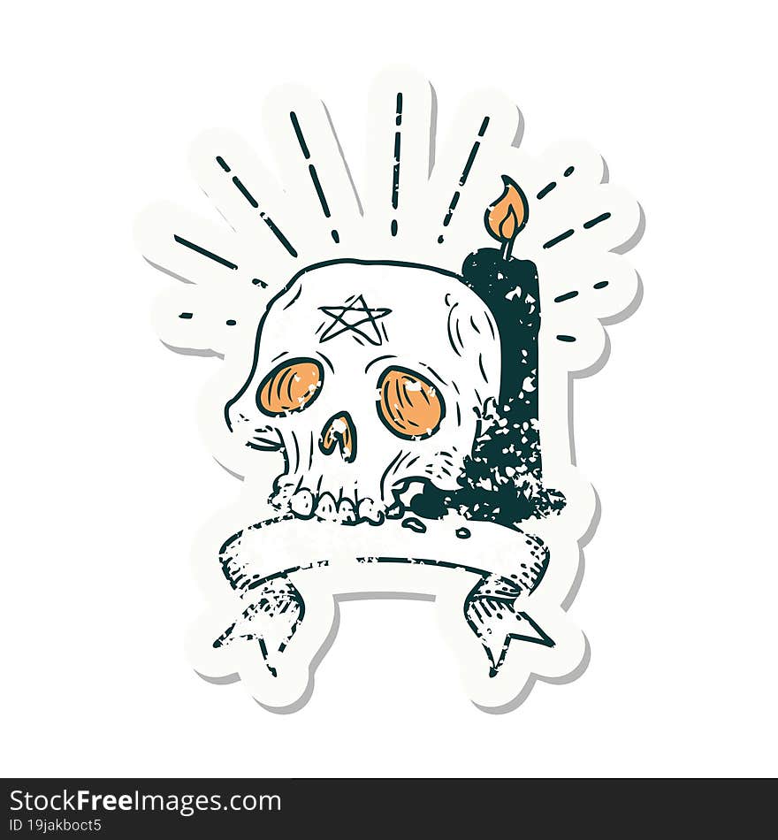 Grunge Sticker Of Tattoo Style Spooky Skull And Candle