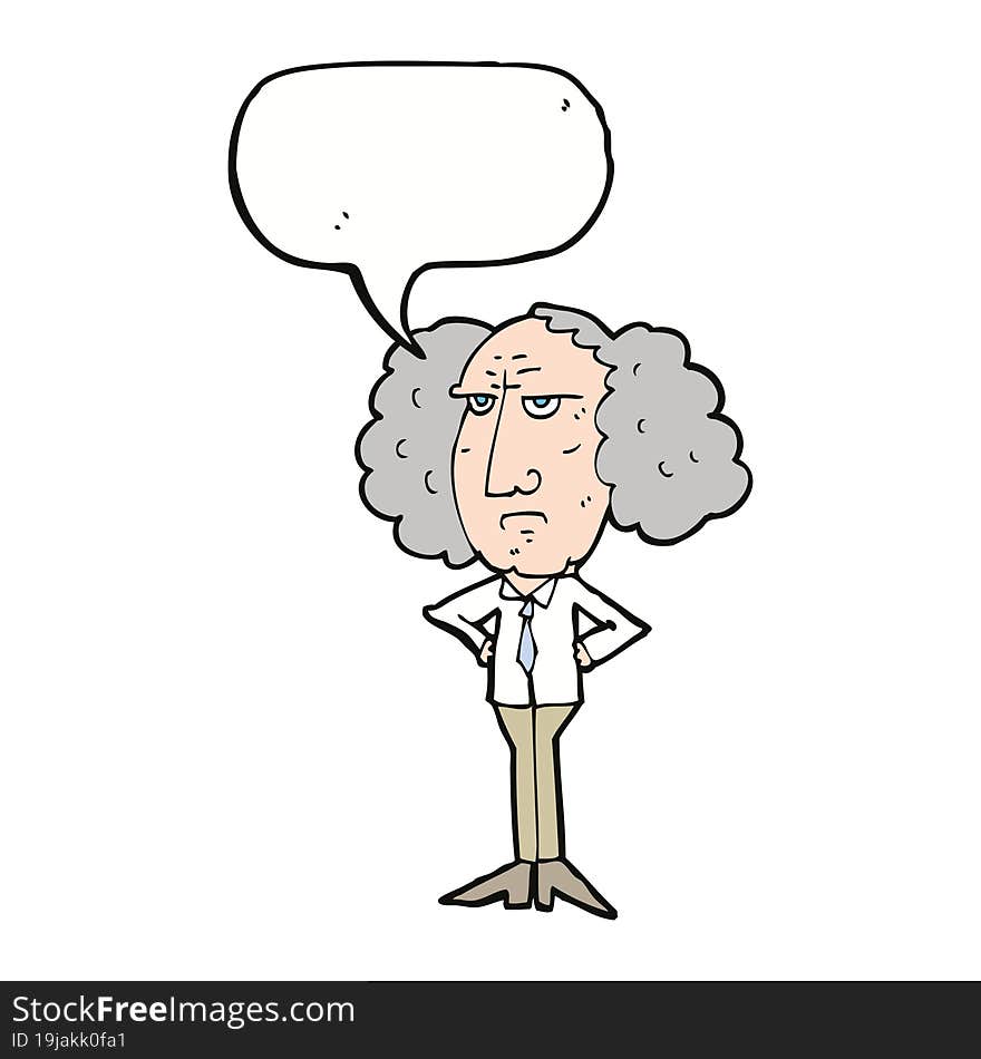 cartoon big hair lecturer man with speech bubble