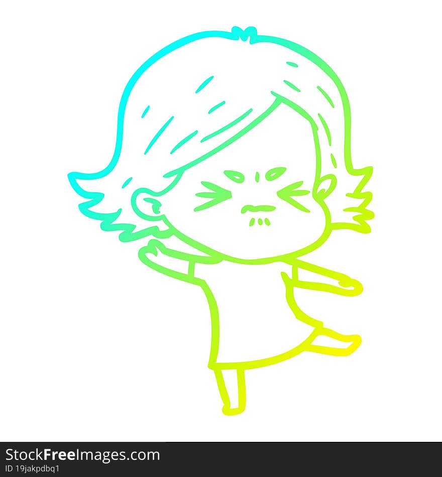 cold gradient line drawing of a cartoon angry girl