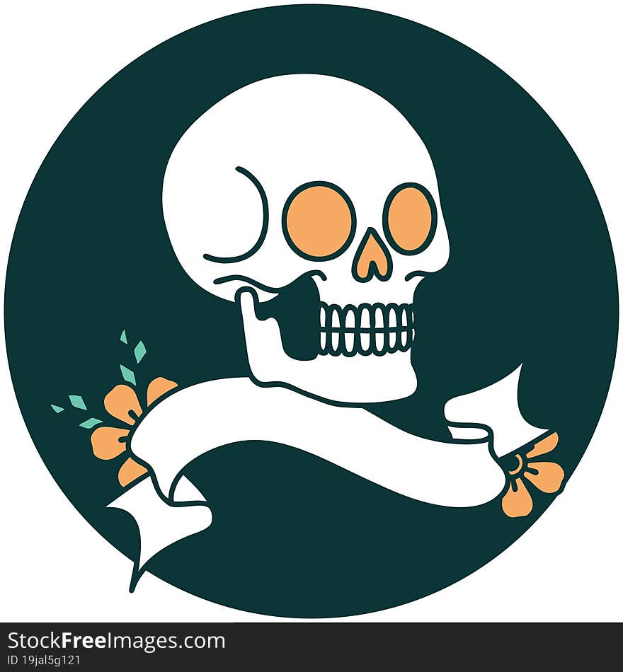 tattoo style icon with banner of a skull