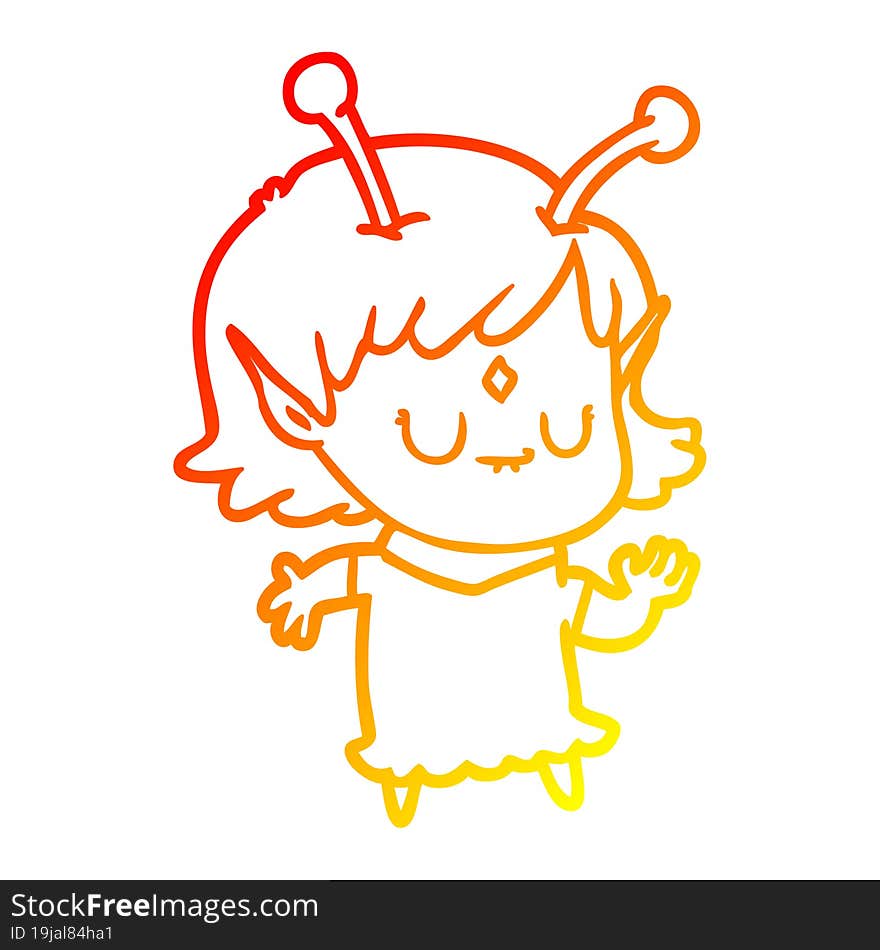 warm gradient line drawing of a cartoon alien girl dancing