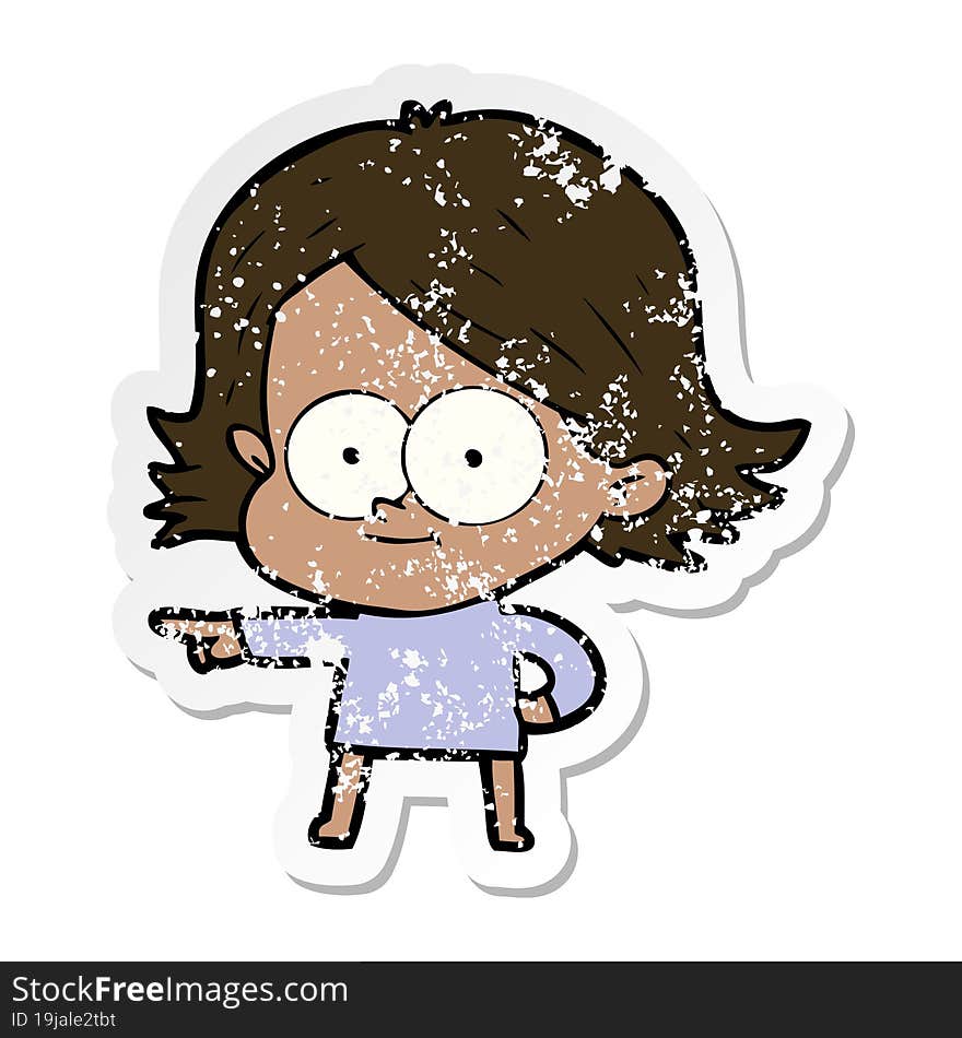 distressed sticker of a happy cartoon girl