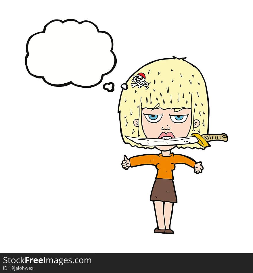 cartoon woman with knife between teeth with thought bubble