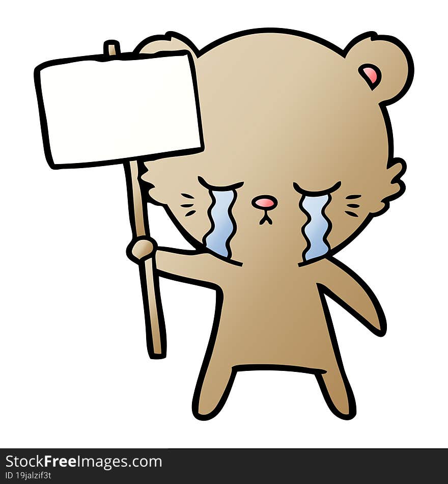 crying cartoon bear with sign post. crying cartoon bear with sign post