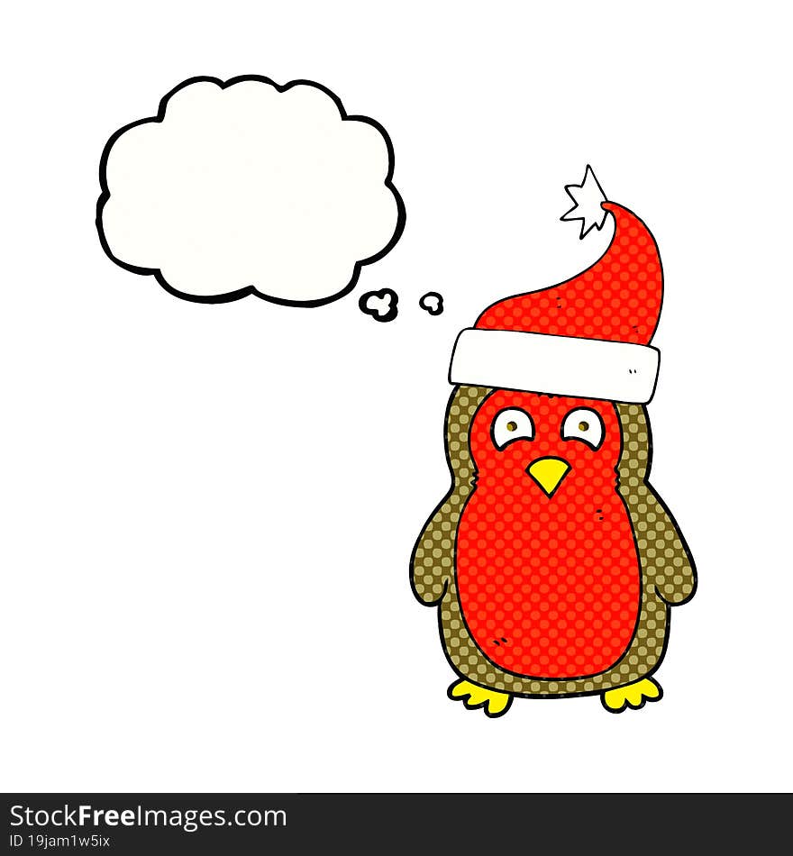 freehand drawn thought bubble cartoon christmas robin wearing christmas hat. freehand drawn thought bubble cartoon christmas robin wearing christmas hat