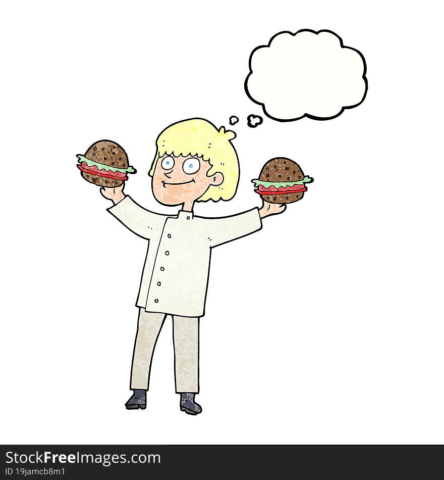 freehand drawn thought bubble textured cartoon chef with burgers