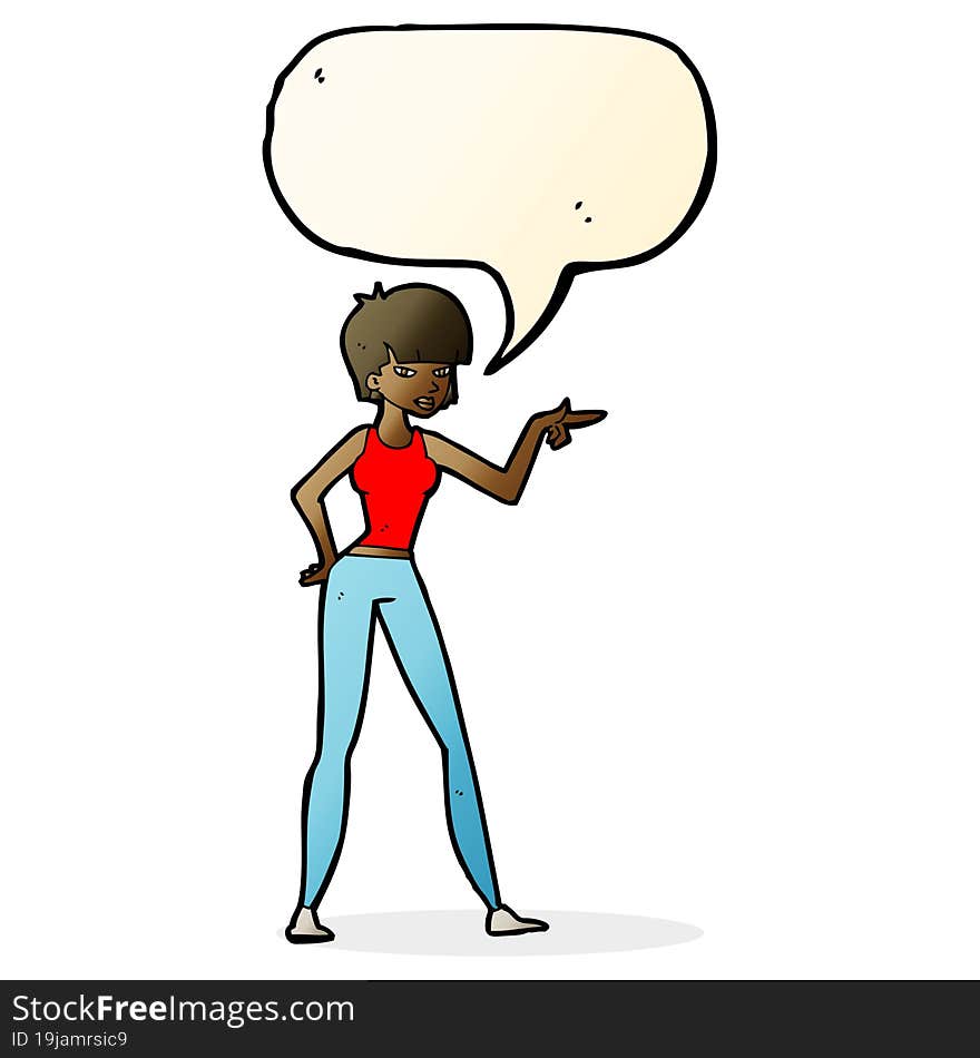 cartoon woman pointing with speech bubble