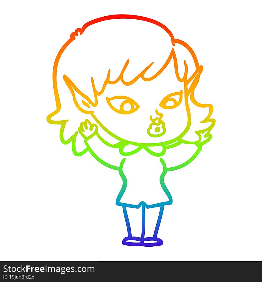 Rainbow Gradient Line Drawing Pretty Cartoon Elf Girl