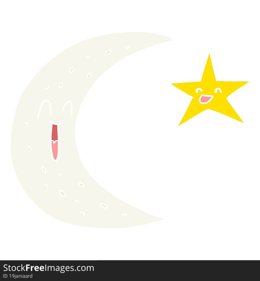 happy flat color style cartoon moon and star