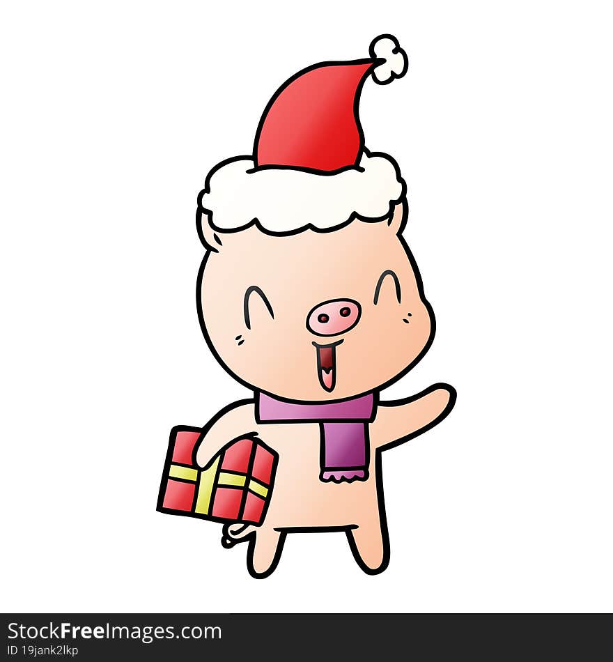 happy hand drawn gradient cartoon of a pig with xmas present wearing santa hat