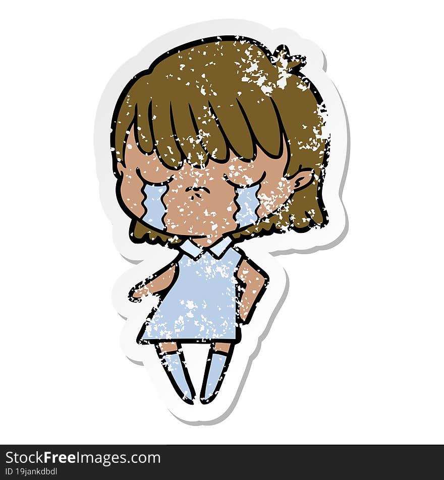 distressed sticker of a cartoon woman crying