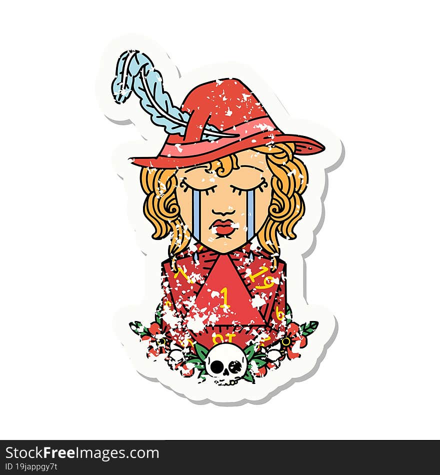 grunge sticker of a crying human bard with natural one D20 dice roll. grunge sticker of a crying human bard with natural one D20 dice roll