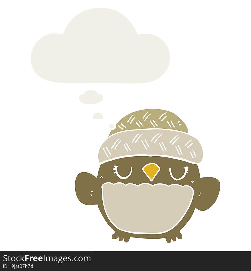 cute cartoon owl in hat and thought bubble in retro style