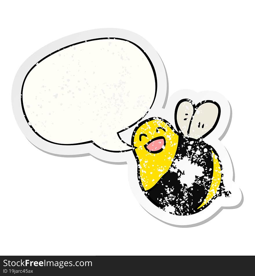 cartoon bee and speech bubble distressed sticker