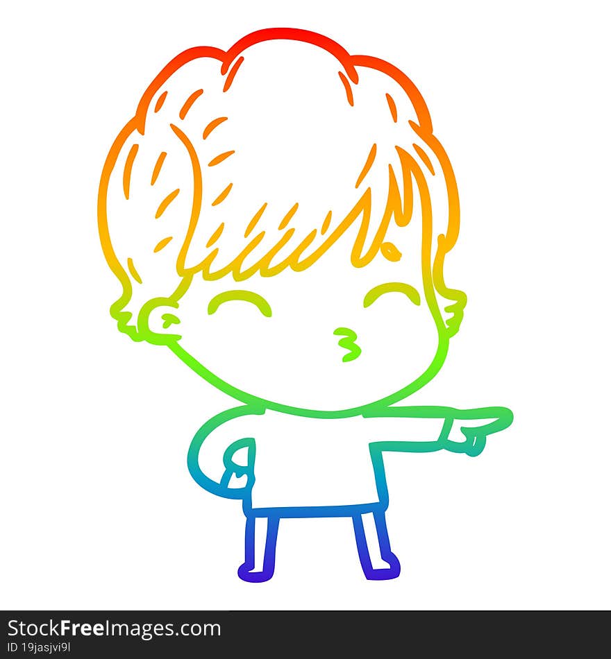 Rainbow Gradient Line Drawing Cartoon Woman Thinking