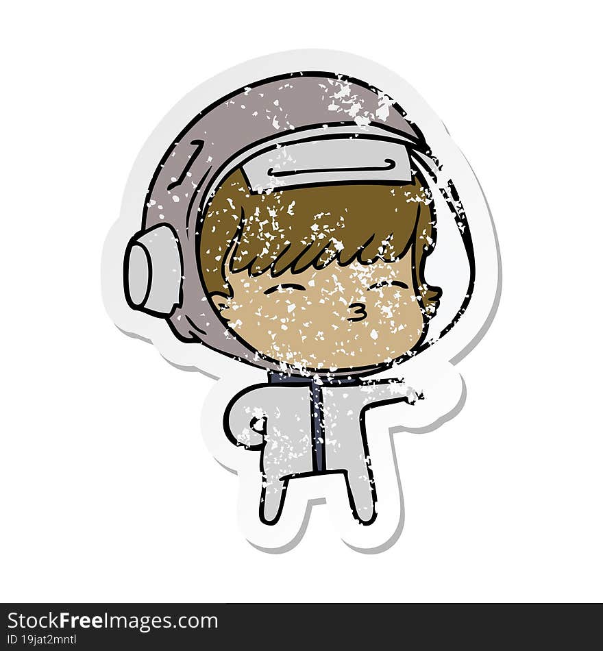 Distressed Sticker Of A Cartoon Curious Astronaut