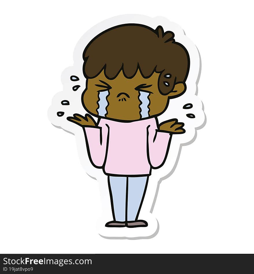 sticker of a cartoon boy crying and shrugging shoulders