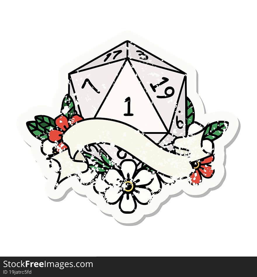 grunge sticker of a natural one d20 dice roll. grunge sticker of a natural one d20 dice roll