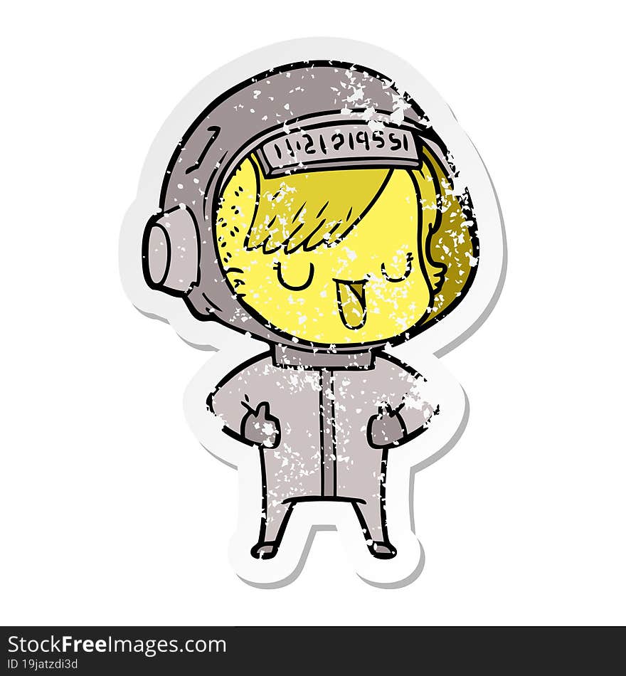 distressed sticker of a cartoon astronaut woman