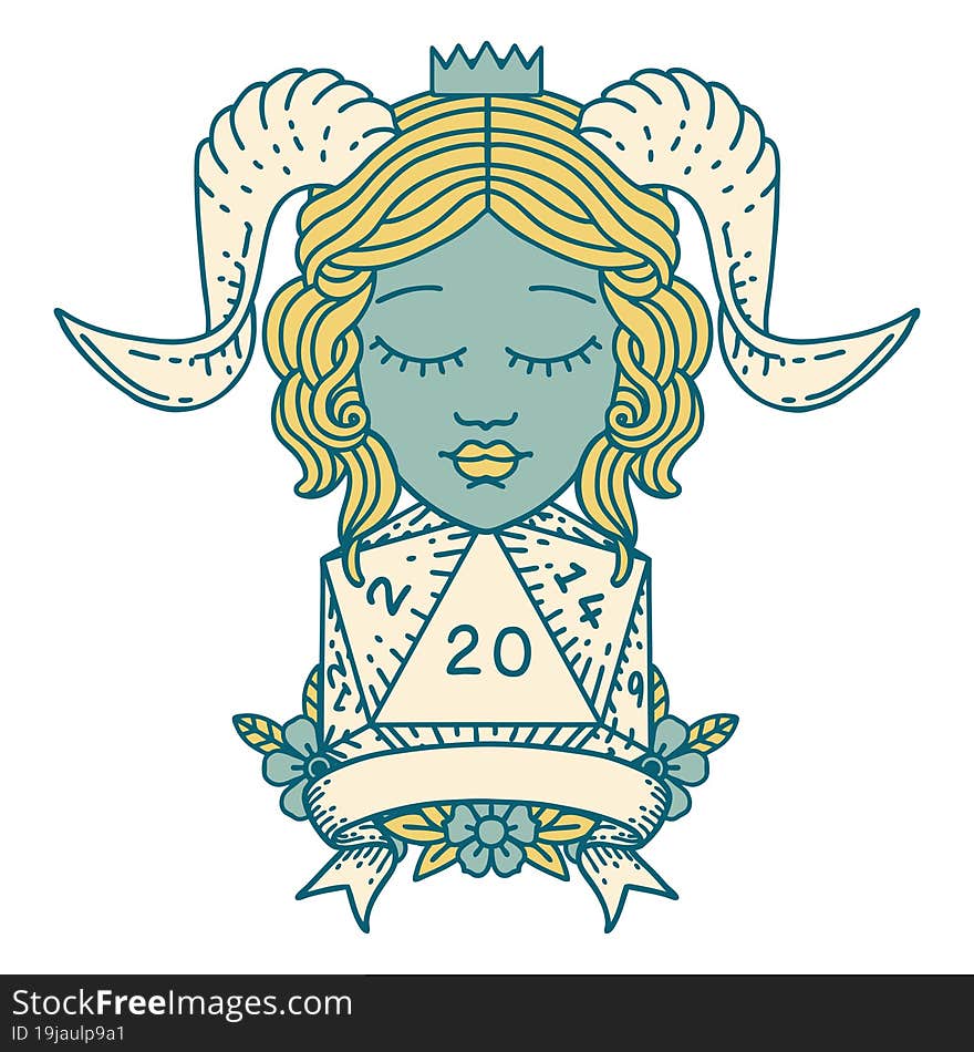 Retro Tattoo Style tiefling with natural 20 D20 roll. Retro Tattoo Style tiefling with natural 20 D20 roll