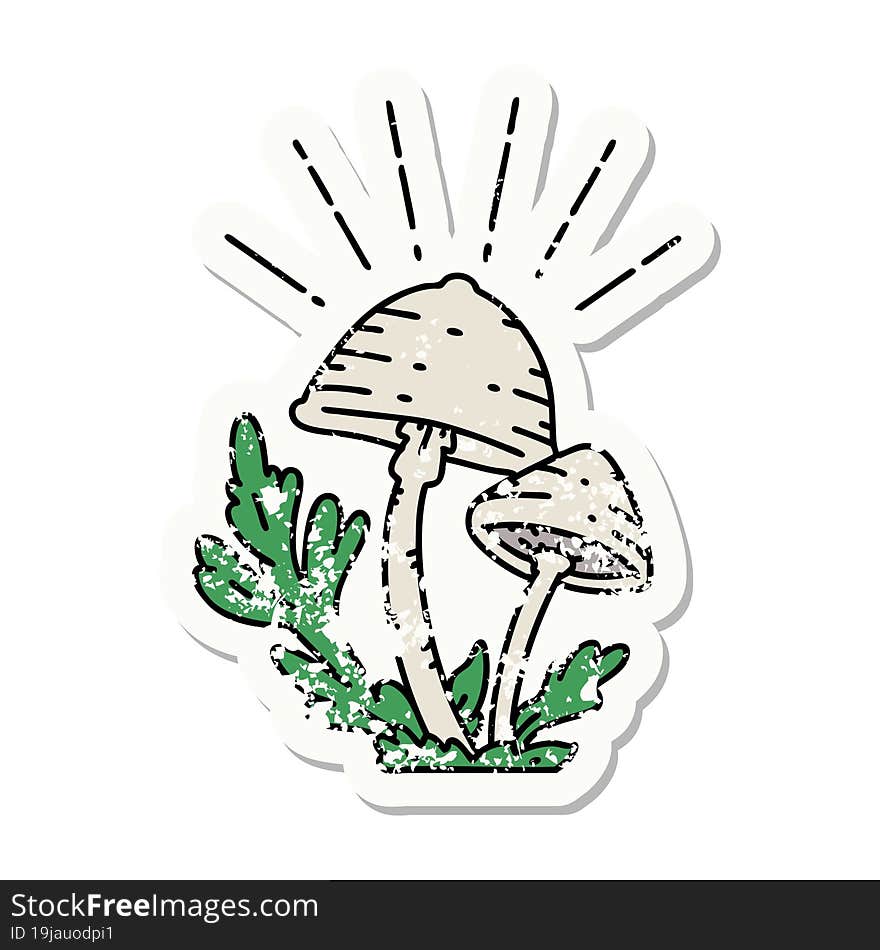 grunge sticker of tattoo style mushrooms