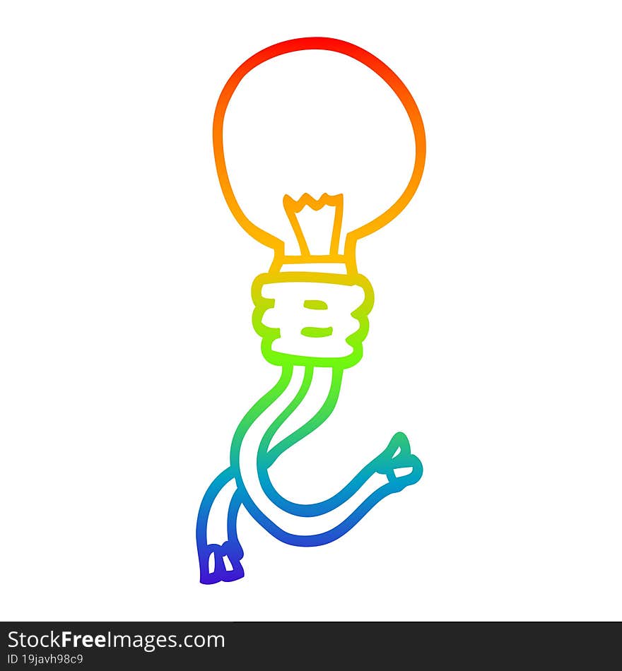 rainbow gradient line drawing of a cartoon electric light bulb