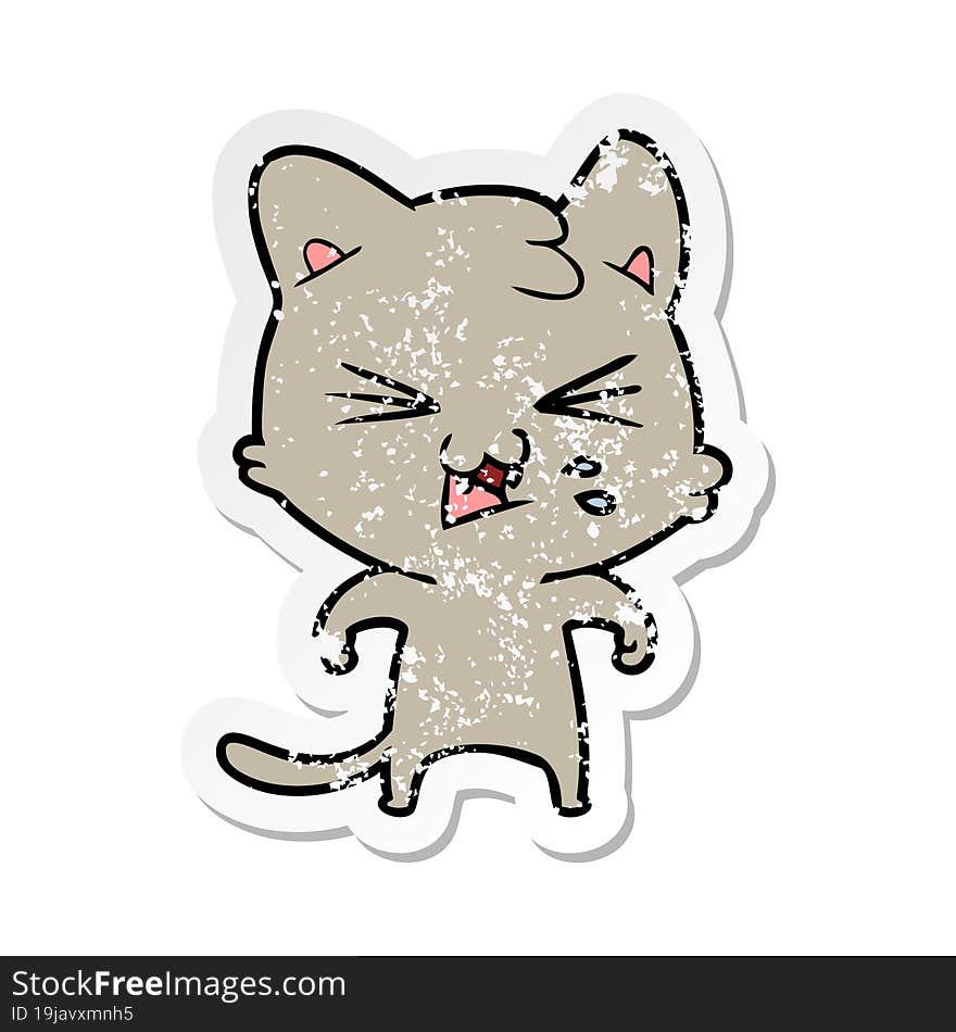 distressed sticker of a cartoon hissing cat