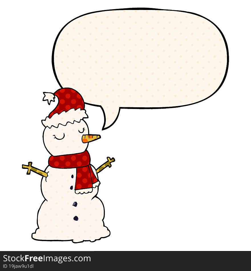 cartoon snowman and speech bubble in comic book style