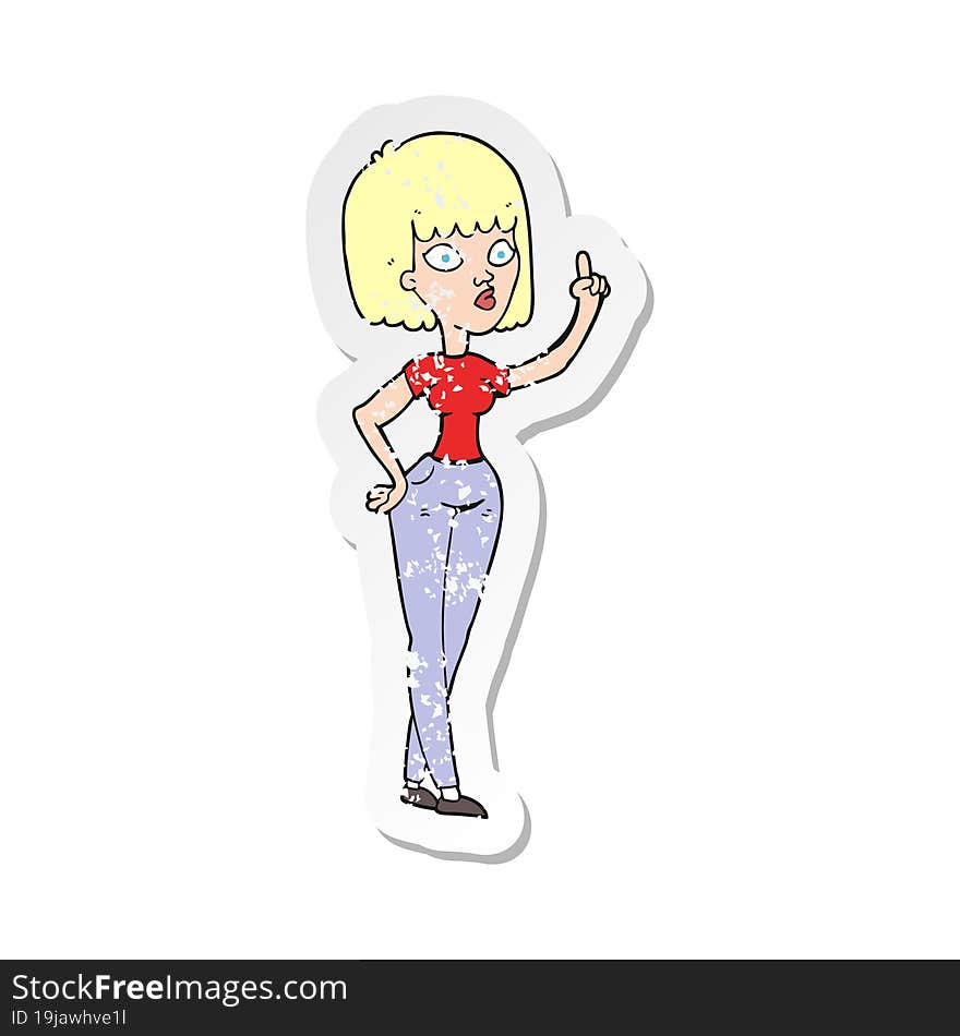 retro distressed sticker of a cartoon woman with idea