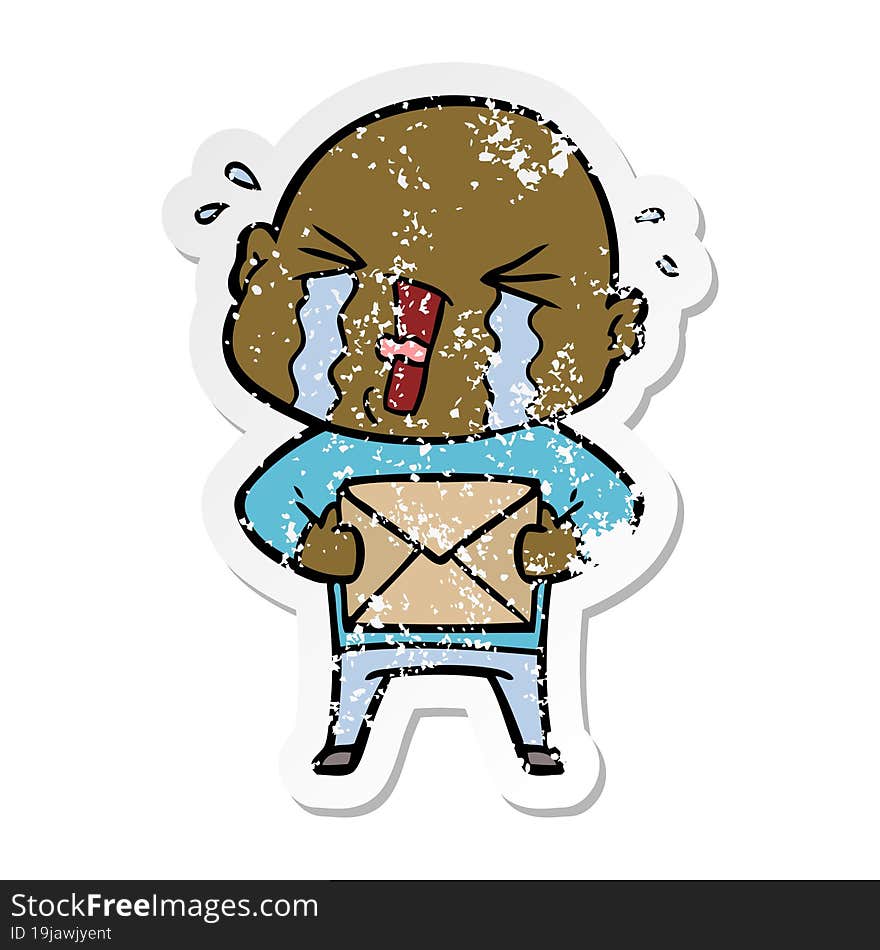 distressed sticker of a cartoon crying bald man