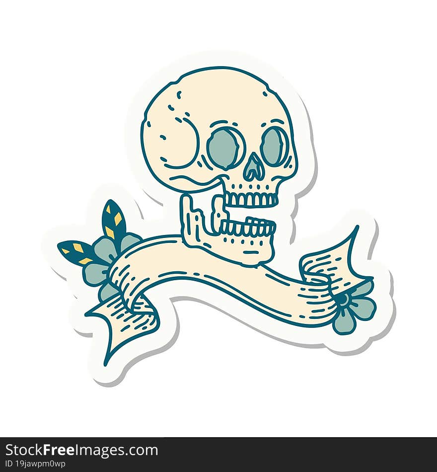 tattoo style sticker with banner of a skull