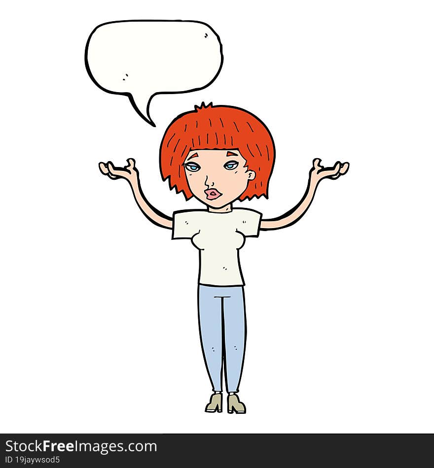 cartoon woman shrugging shoulders with speech bubble