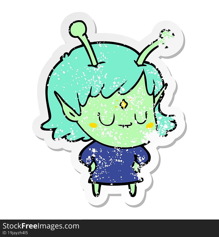 distressed sticker of a cartoon alien girl