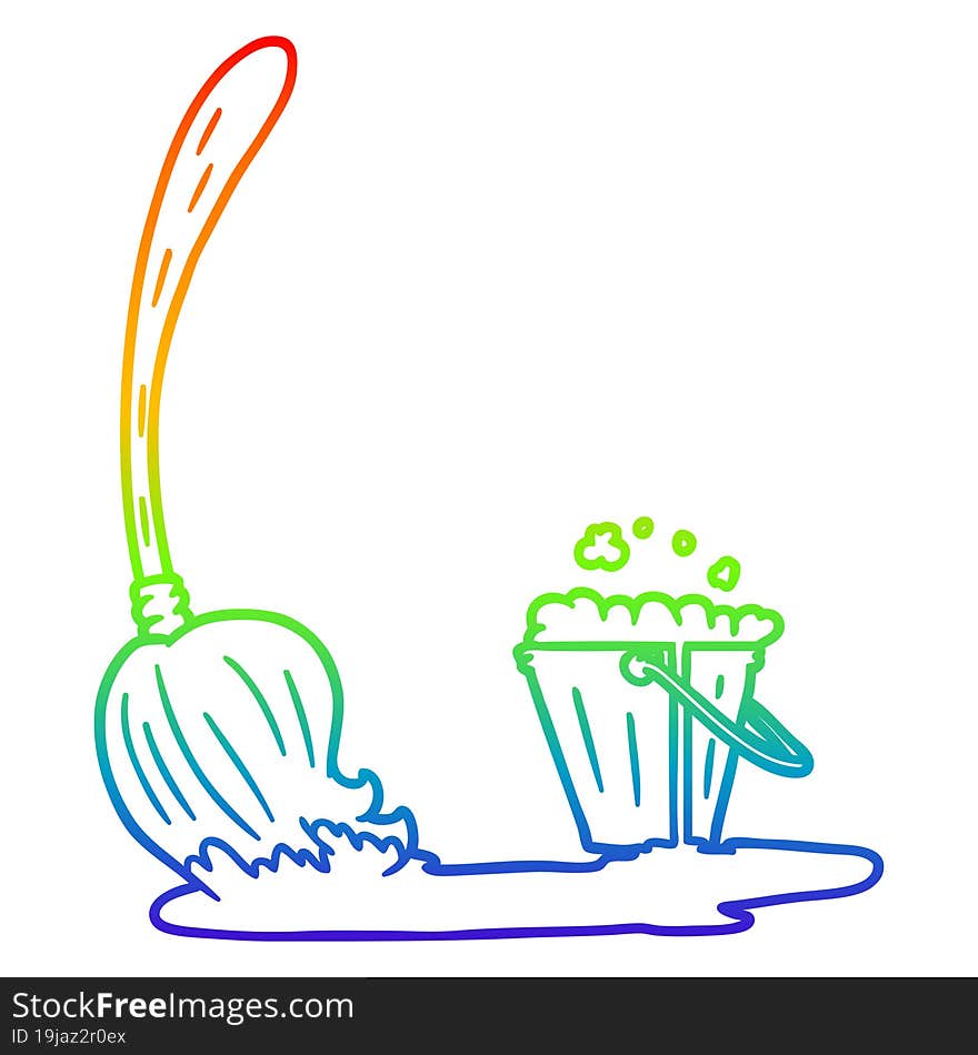 rainbow gradient line drawing cartoon mop and bucket