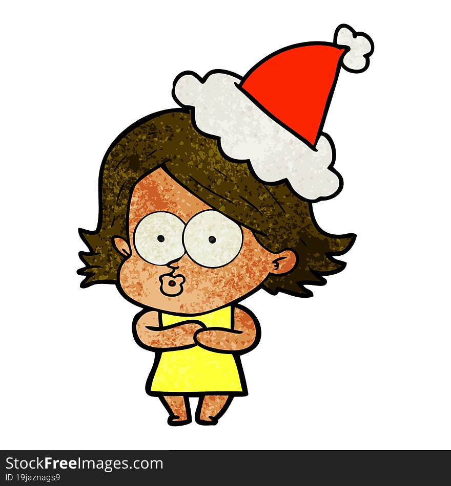 hand drawn textured cartoon of a girl pouting wearing santa hat