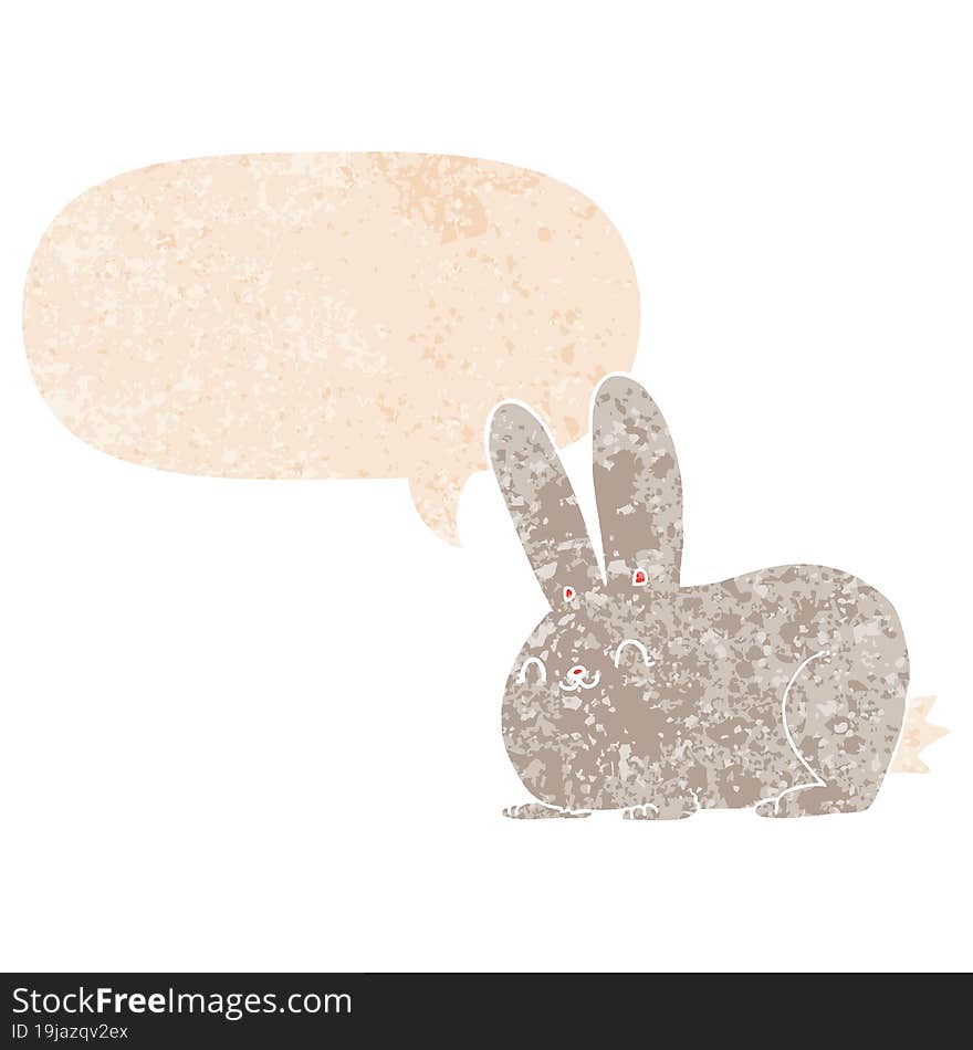 cartoon rabbit and speech bubble in retro textured style